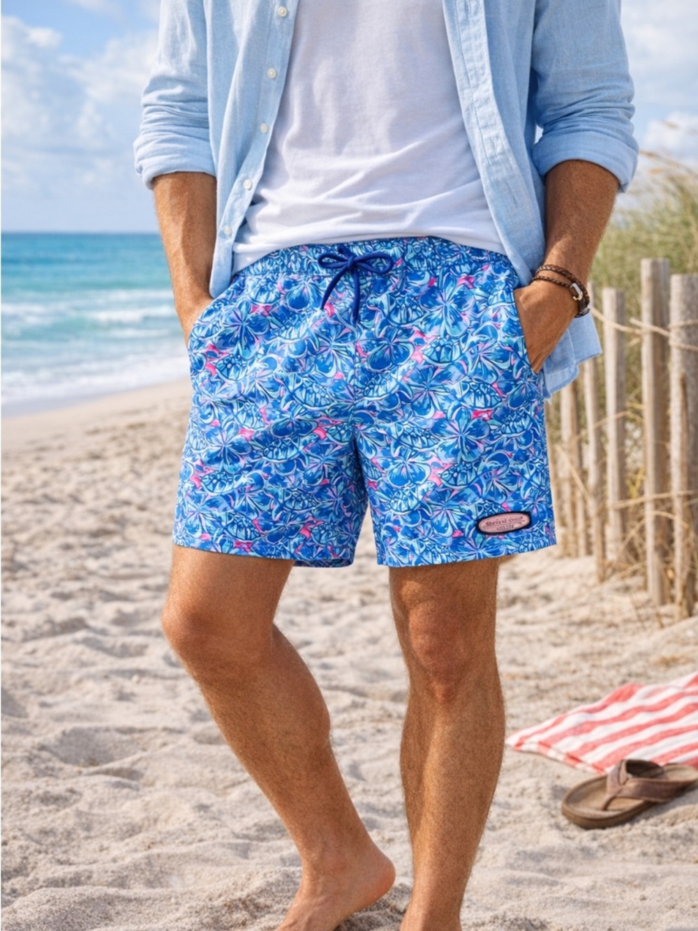 Vineyard Vines Chappy Swim Trunks 2XT Blue Pink Turtle Print Board Shorts